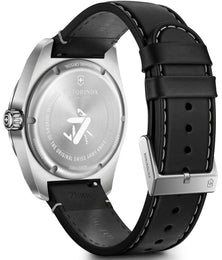 Victorinox watch with black leather strap on a white background