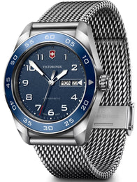 Victorinox watch with blue dial and silver mesh band on a white background
