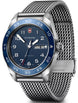 Victorinox watch with blue dial and silver mesh band on a white background