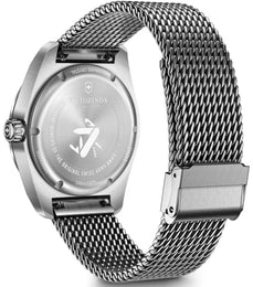 Silver Victorinox watch with mesh band on a white background