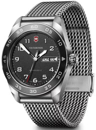 Victorinox watch with black dial and silver mesh band on a white background