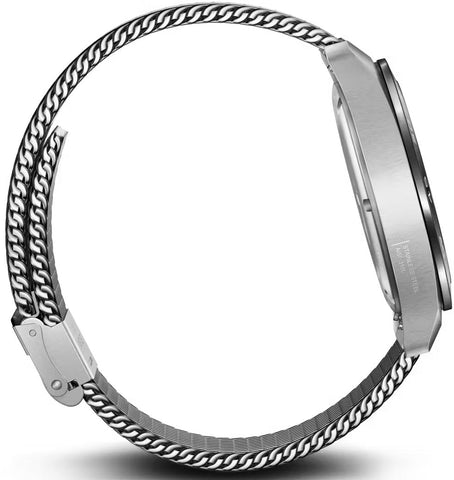 Silver watch with a braided metal band on a white background