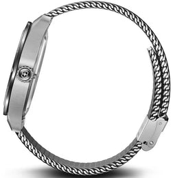 Silver watch with a detailed chain strap on a white background