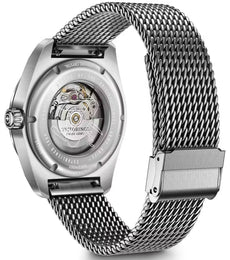 Silver watch with mesh band on a white background
