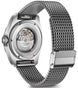 Silver watch with mesh band on a white background