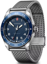 Victorinox watch with blue dial and silver mesh band on a white background
