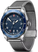 Victorinox watch with blue dial and silver mesh band on a white background