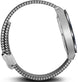 Silver watch with a braided metal strap on a white background