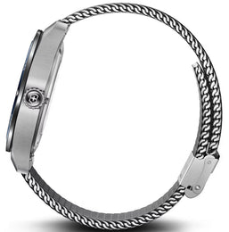 Close-up of a silver watch with a chain-like metal band on a white background