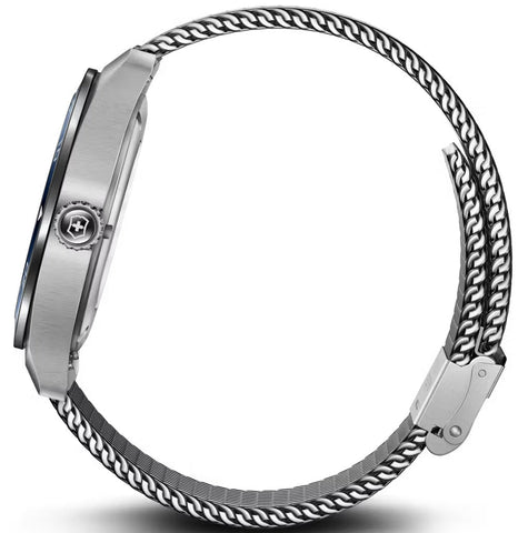 Close-up of a silver watch with a chain-like metal band on a white background