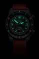 Watch with a dark face and red strap on a black background