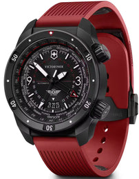 Victorinox watch with red strap and black dial on a white background