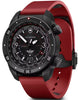 Victorinox watch with red strap and black dial on a white background