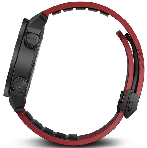 Close-up of a watch with red and black band on a white background