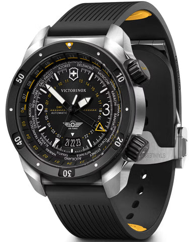 Victorinox watch with black strap and silver case on a white background