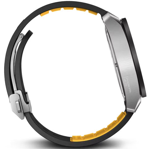 Close-up of a smartwatch band with black and yellow design on a white background