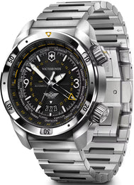 Victorinox watch with silver bracelet and black dial on a white background