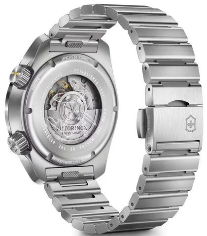 Silver Victorinox watch with metal band on a white background
