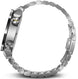 Silver watch with a detailed metal band on a white background