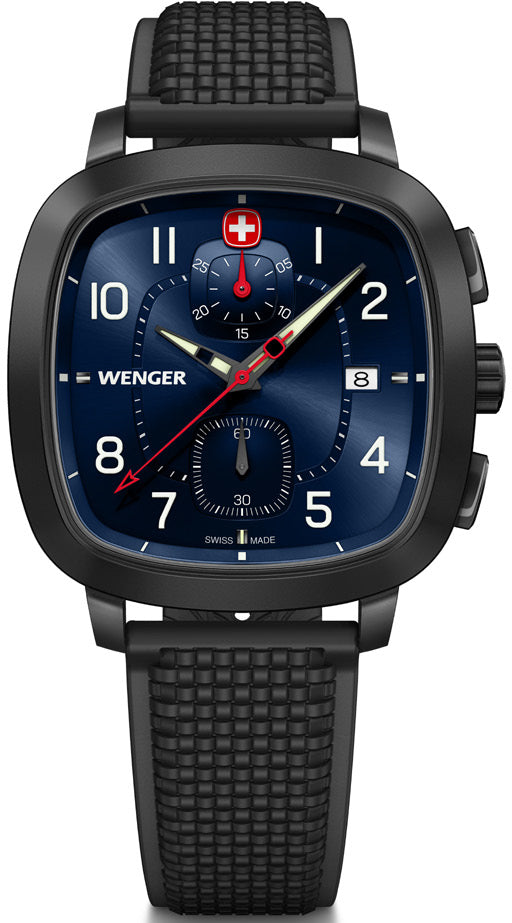 WENGER Chrono Sport Vintage – Orologio Uomo 40mm – Quadrante Blu, Cinturino Silicone Nero – Movimento Svizzero Al Quarzo