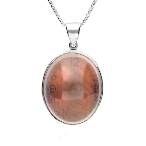 00152472 C W Sellors Sterling Silver Rose Quartz Alice In Wonderland Domed Oval Clock Face Necklace, PUNQ0006121.