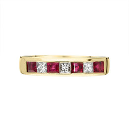 18ct Yellow Gold Ruby Diamond Princess Cut Half Eternity Ring, CGN-890.