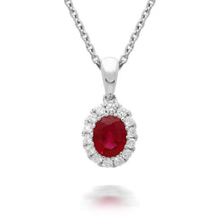 18ct White Gold Ruby Diamond Oval Cluster Necklace, FEU-1212.