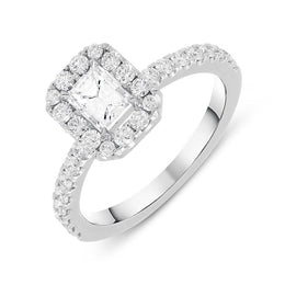 18ct White Gold 0.50ct Diamond Emerald Cut Halo Ring BLC-076