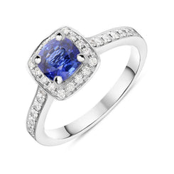 18ct White Gold 1.00ct Sapphire and Diamond Halo Ring. FEU-1473.