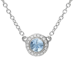 18ct White Gold Aquamarine Diamond Halo Necklace, FEU-1549.