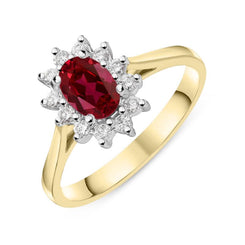 18ct Yellow Gold Ruby and Diamond Oval Cluster Ring FEU-2034