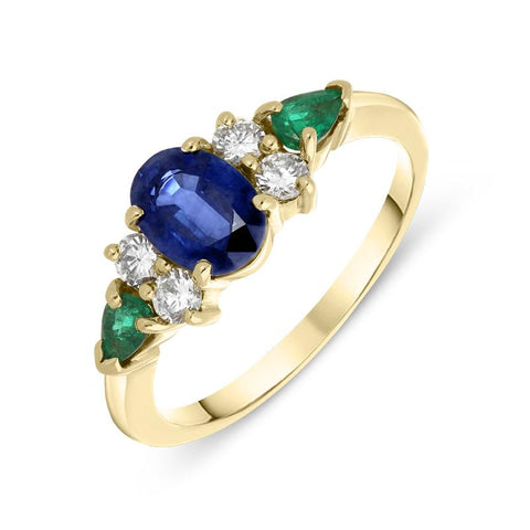 18ct Yellow Gold Sapphire, Diamond and Emerald Ring. PJW-234.