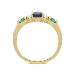 18ct Yellow Gold Sapphire, Diamond and Emerald Ring. PJW-234.