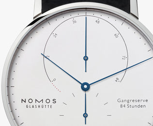 Nomos Glashutte Watch Lambda White Gold Zeiger Geblaut Sapphire Crystal