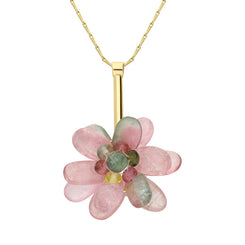 9ct Yellow Gold Mixed Tourmaline Cluster Flower Necklace, P841C
