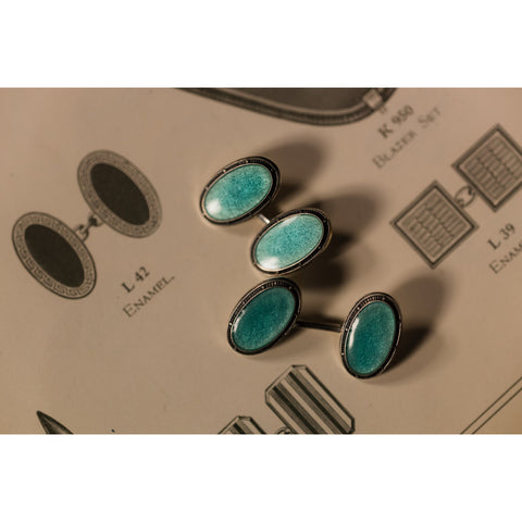 Deakin & Francis Cufflinks Sterling Silver Blue Oval Vitreous Enamel Vintage C1800A85