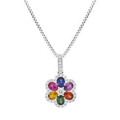18ct White Gold Rainbow Sapphire 1.23ct Diamond Floral Cluster Necklace