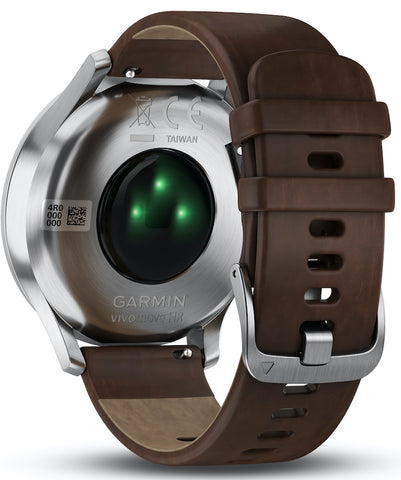 Garmin Watch Vivomove HR Silver Tone with Dark Brown Leather Band D