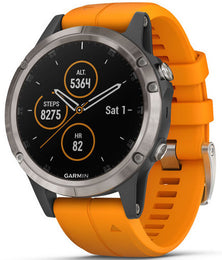 Garmin Watch Fenix 5 Plus Sapphire Titanium Orange Silicone Band 010-01988-05