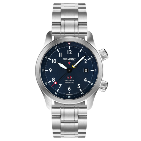 Bremont Watch MBII Custom Stainless Steel Blue Dial with Jet Barrel & Open Case Back