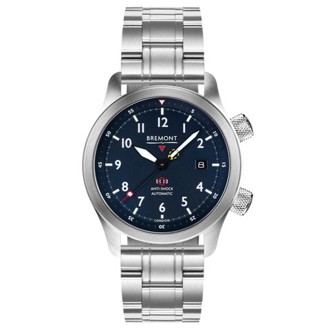 Bremont Watch MBII Custom Stainless Steel Blue Dial with Blue Barrel & Open Case Back