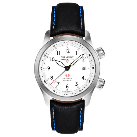 Bremont Watch MBII Custom Stainless Steel White Dial with Blue Barrel & Closed Case Back