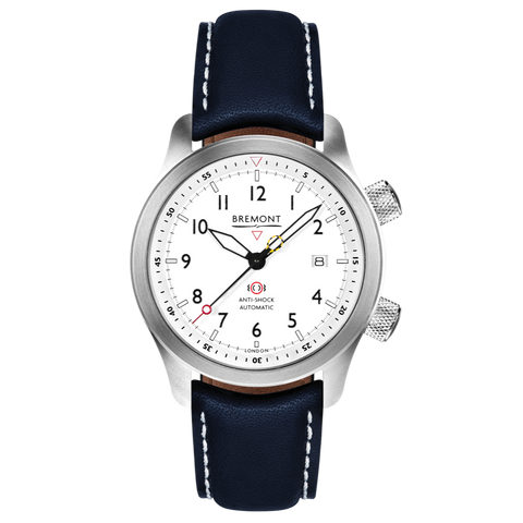 Bremont Watch MBII Custom Stainless Steel White Dial with Blue Barrel & Closed Case Back