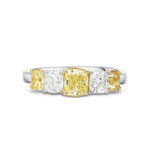 Platinum 1.07ct Yellow Diamond Cushion Cut Half Eternity Ring, PJW-365. 