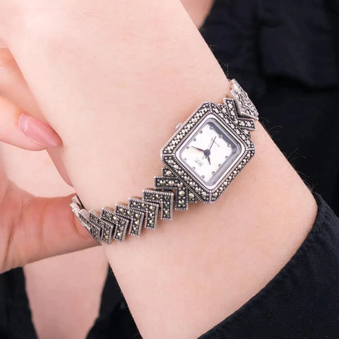 Sterling Silver Marcasite Oblong Bracelet Watch HW65_4