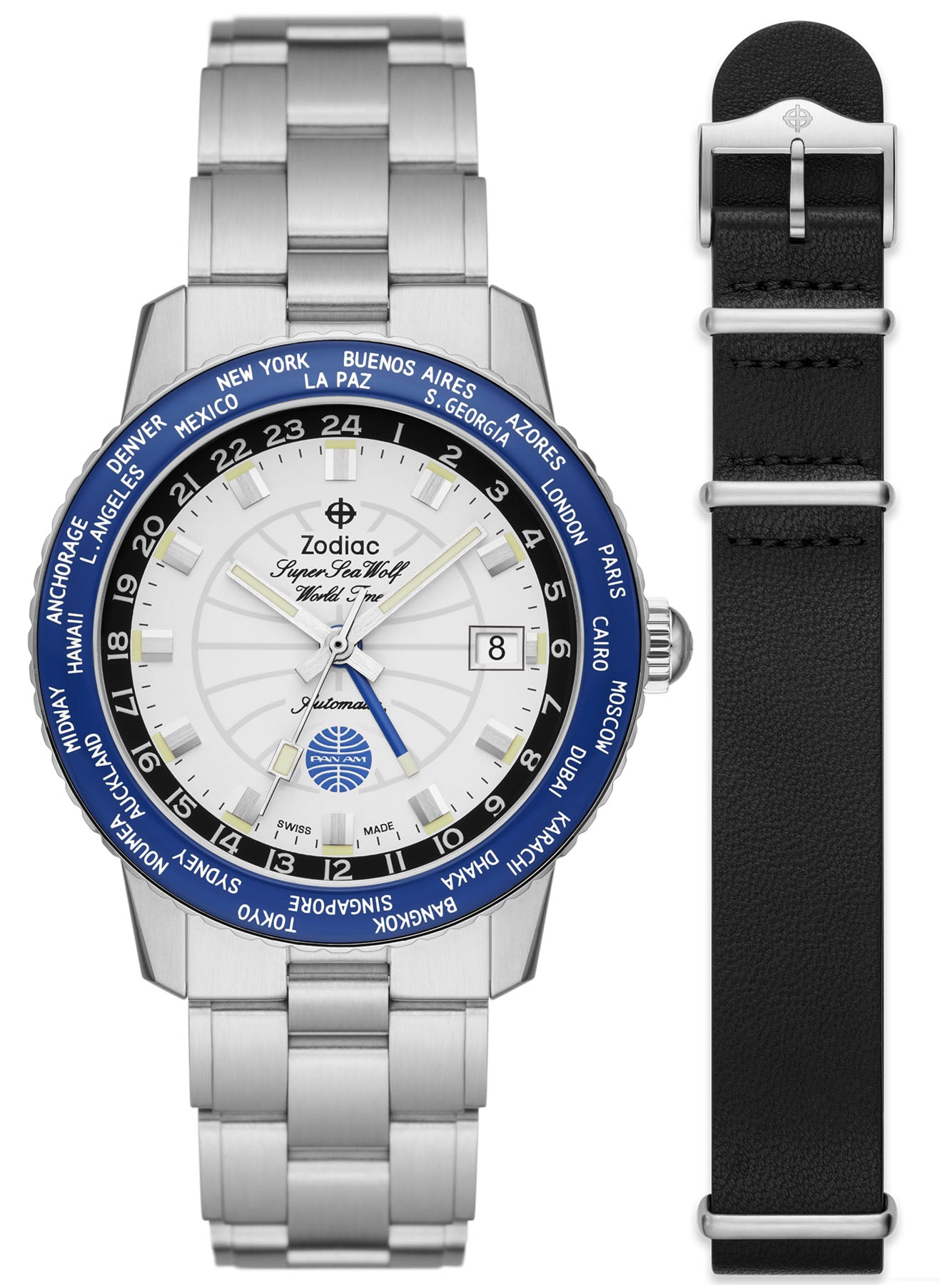 Zodiac Watch Super Sea Wolf World Time GMT Pan Am D