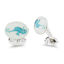 Deakin & Francis Cufflinks Sterling Silver Clear And Turquoise Enamel Seahorse, C0117S1626.