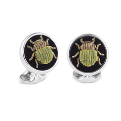 Deakin & Francis Cufflinks Sterling Silver Embroidered Green And Gold Bug, C2058S6480.