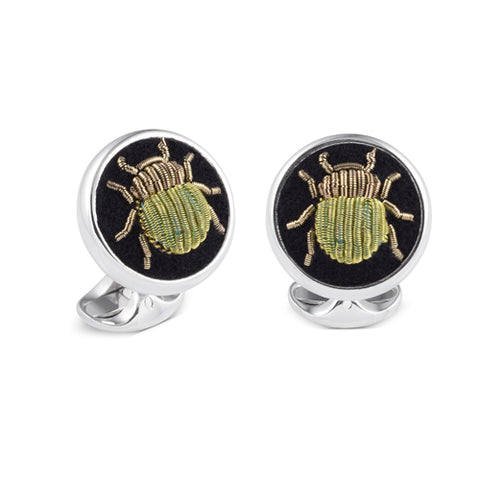 Deakin & Francis Cufflinks Sterling Silver Embroidered Green And Gold Bug, C2058S6480.