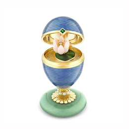 Faberge Heritage 18ct Yellow Gold Blue Guilloche Enamel Limited Edition Egg Objet with Water Lily Surprise 1922DA3188.
